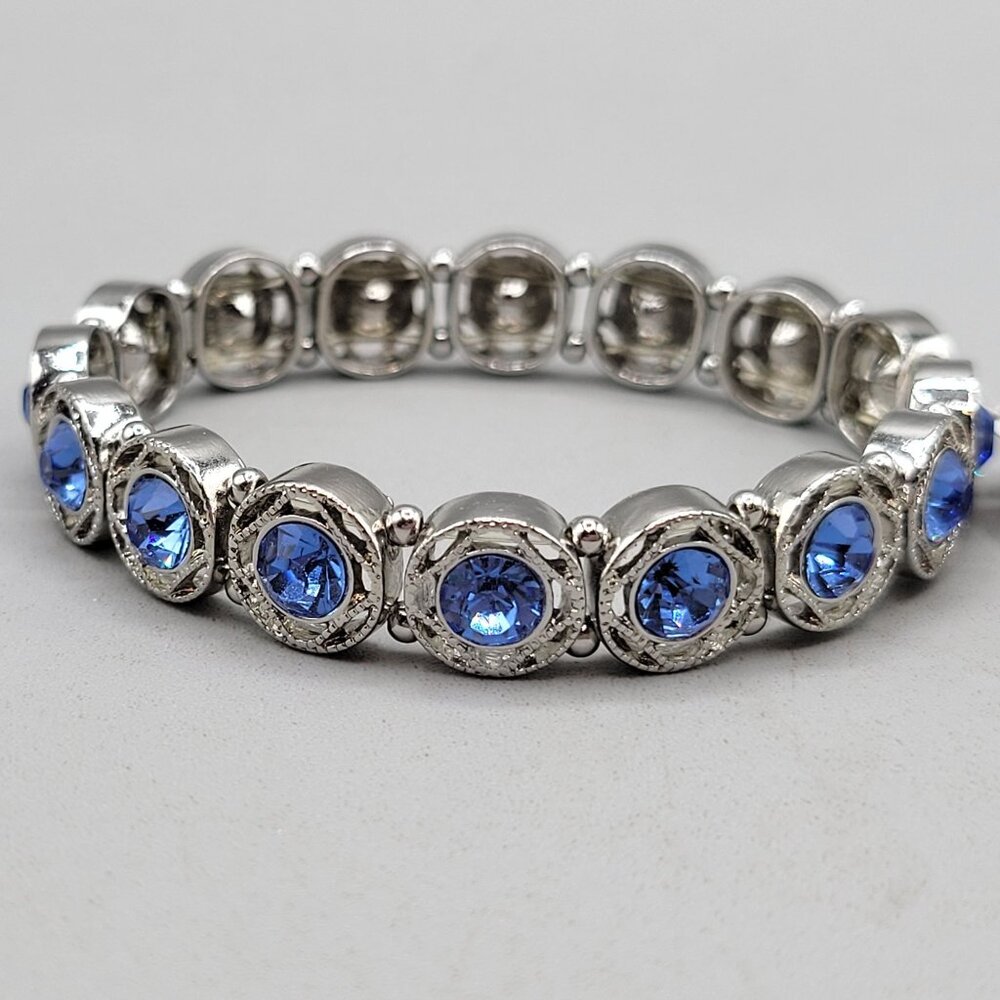 Macys Blue Rhinestones Open Work Silver-Tone Stretch Bracelet Nickel-Free